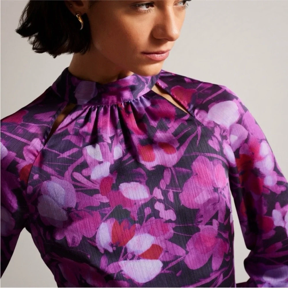 NWT Ted Baker Sammieh Purple Floral Long Sleeve Keyhole High Neck Flare Dress